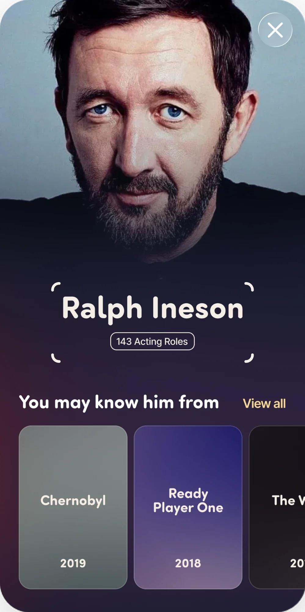 The Hoozat result sheet: a portrait of Ralph Ineson above his name, a tag reading 143 Acting Roles, and a row of the titles he is known for.
